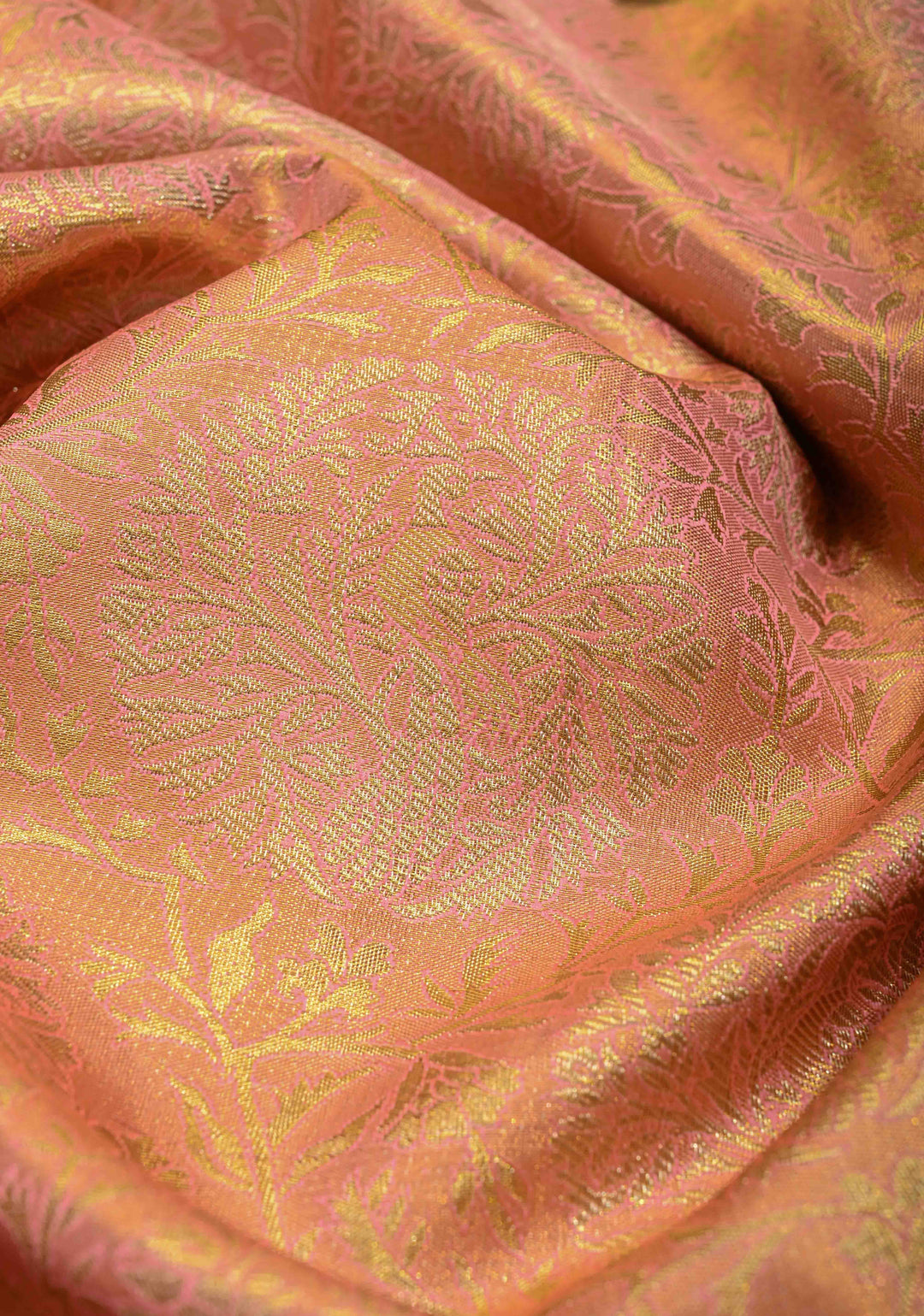 Pink Dual Tone Tissue Kanjivaram Pure Silk Saree with Meenakari Floral Jaal Brocade and Contrast Korvai Zari Border | SILK MARK CERTIFIED