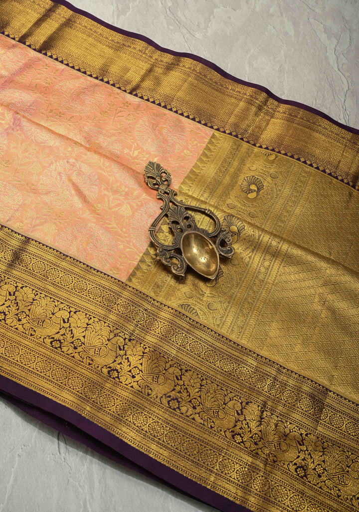 Pink Dual Tone Tissue Kanjivaram Pure Silk Saree with Meenakari Floral Jaal Brocade and Contrast Korvai Zari Border | SILK MARK CERTIFIED