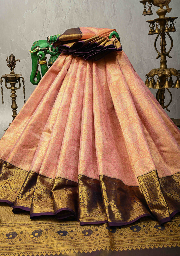 Pink Dual Tone Tissue Kanjivaram Pure Silk Saree with Meenakari Floral Jaal Brocade and Contrast Korvai Zari Border | SILK MARK CERTIFIED