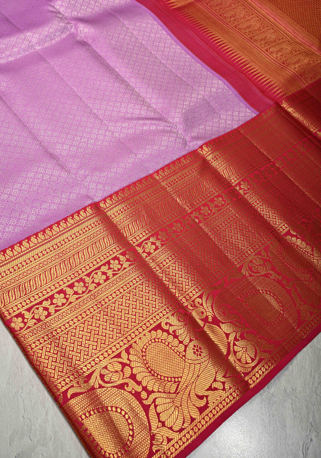 Lavender Mauve Kanjivaram Pure Silk Saree with Silver Zari Brocade and Contrast Wide Zari Border | SILK MARK CERTIFIED
