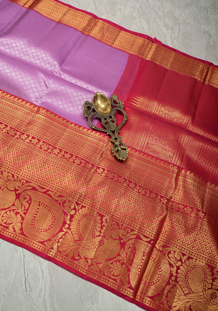 Lavender Mauve Kanjivaram Pure Silk Saree with Silver Zari Brocade and Contrast Wide Zari Border | SILK MARK CERTIFIED