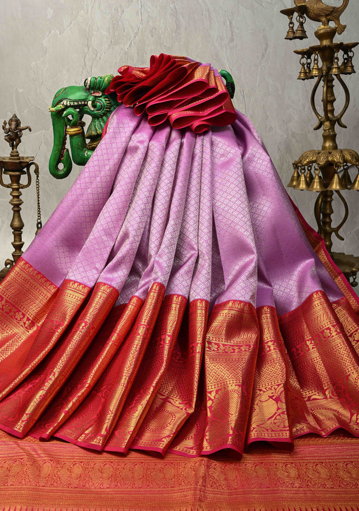 Lavender Mauve Kanjivaram Pure Silk Saree with Silver Zari Brocade and Contrast Wide Zari Border | SILK MARK CERTIFIED