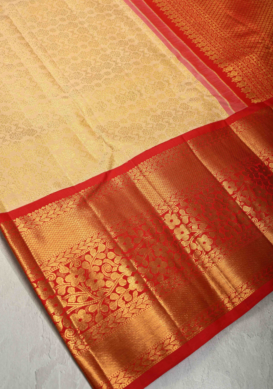 Beige Kanjivaram Pure Silk Saree with Brocade and Contrast Wide Zari Border | SILK MARK CERTIFIED