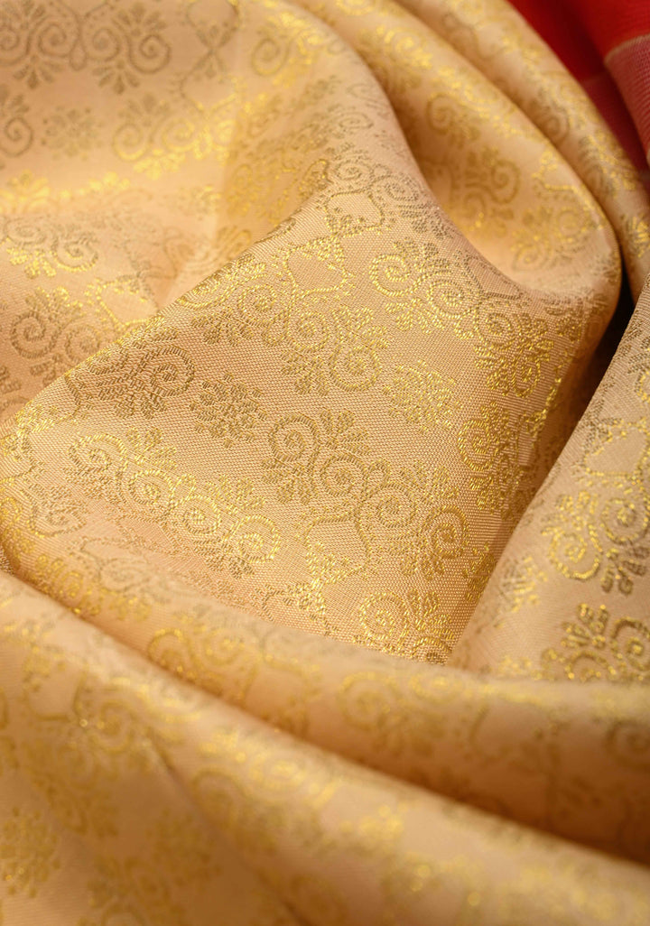 Beige Kanjivaram Pure Silk Saree with Brocade and Contrast Wide Zari Border | SILK MARK CERTIFIED