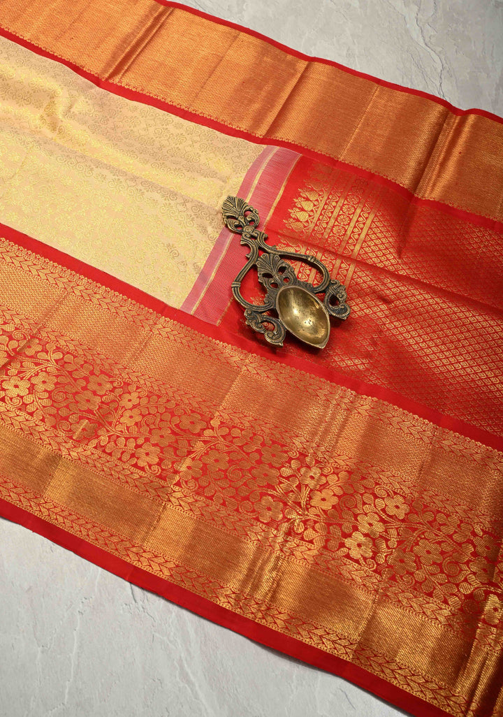 Beige Kanjivaram Pure Silk Saree with Brocade and Contrast Wide Zari Border | SILK MARK CERTIFIED