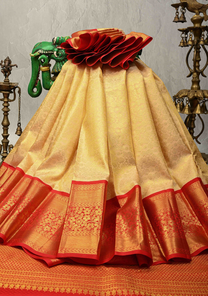 Beige Kanjivaram Pure Silk Saree with Brocade and Contrast Wide Zari Border | SILK MARK CERTIFIED