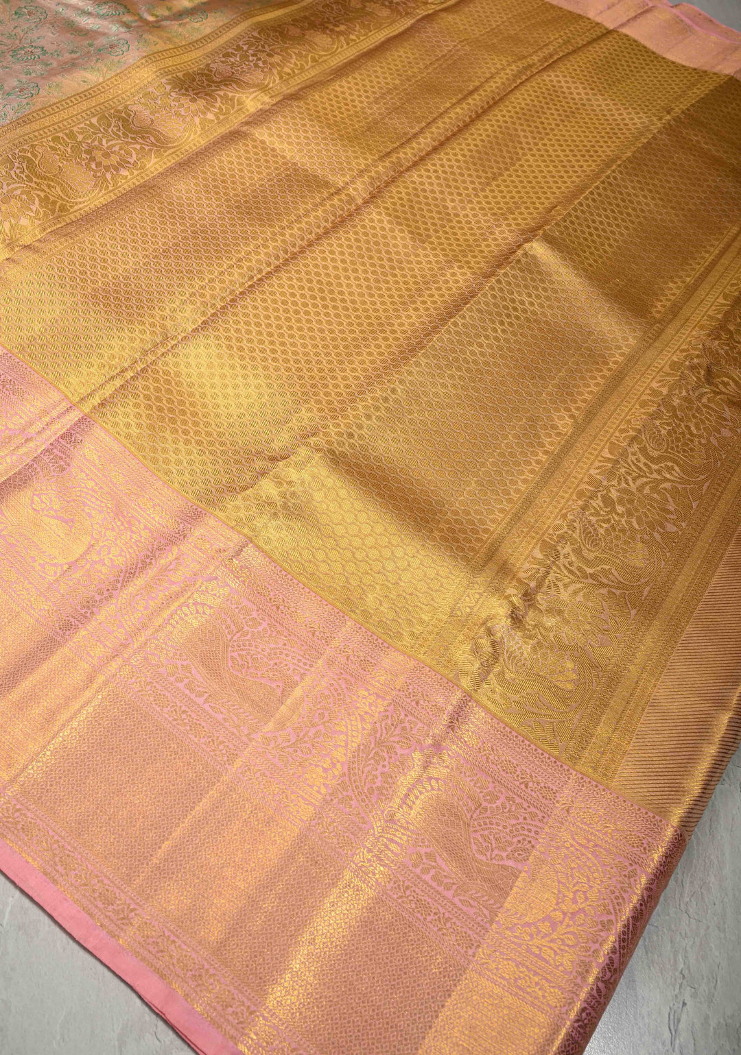 Peach-Pink Dual Tone Tissue Kanjivaram Pure Silk Saree with Meenakari Floral Jaal Brocade and Wide Zari Border | SILK MARK CERTIFIED