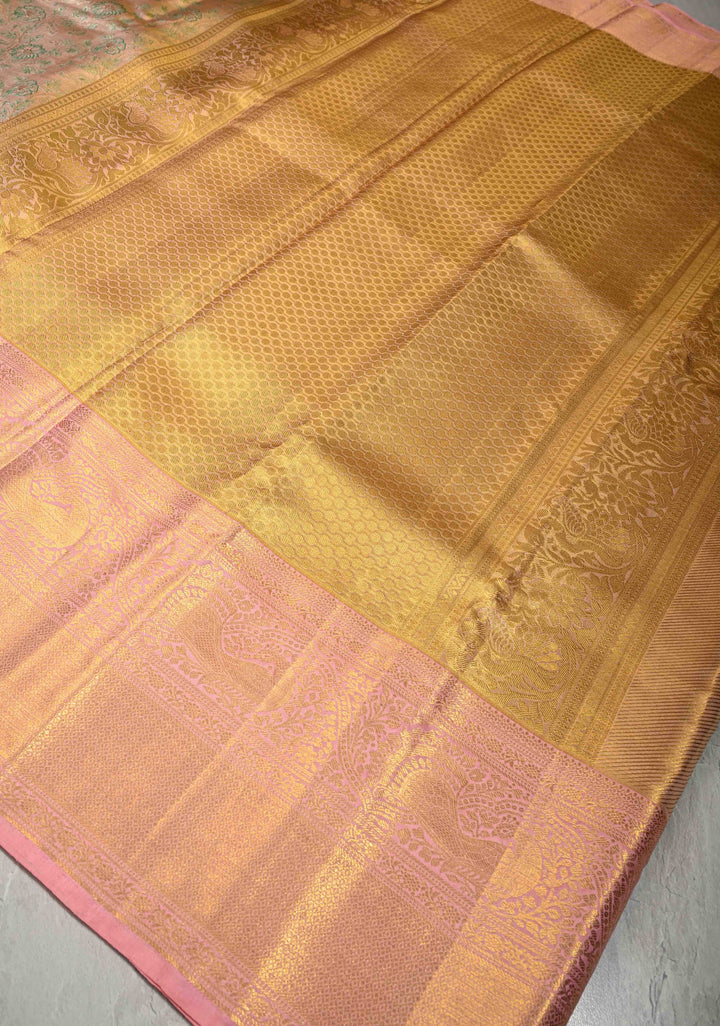 Peach-Pink Dual Tone Tissue Kanjivaram Pure Silk Saree with Meenakari Floral Jaal Brocade and Wide Zari Border | SILK MARK CERTIFIED