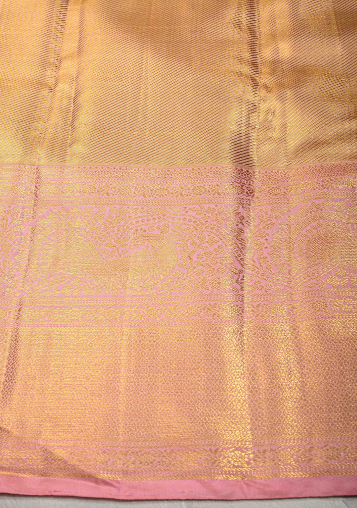Peach-Pink Dual Tone Tissue Kanjivaram Pure Silk Saree with Meenakari Floral Jaal Brocade and Wide Zari Border | SILK MARK CERTIFIED