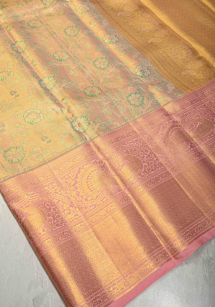 Peach-Pink Dual Tone Tissue Kanjivaram Pure Silk Saree with Meenakari Floral Jaal Brocade and Wide Zari Border | SILK MARK CERTIFIED