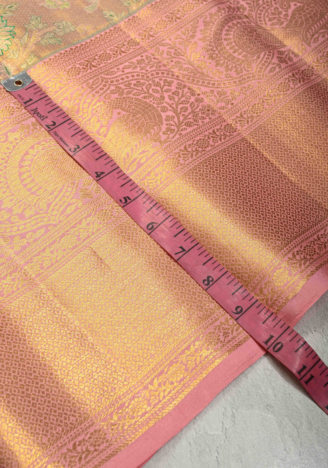 Peach-Pink Dual Tone Tissue Kanjivaram Pure Silk Saree with Meenakari Floral Jaal Brocade and Wide Zari Border | SILK MARK CERTIFIED
