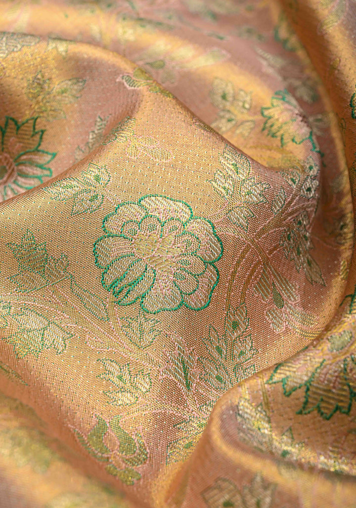 Peach-Pink Dual Tone Tissue Kanjivaram Pure Silk Saree with Meenakari Floral Jaal Brocade and Wide Zari Border | SILK MARK CERTIFIED