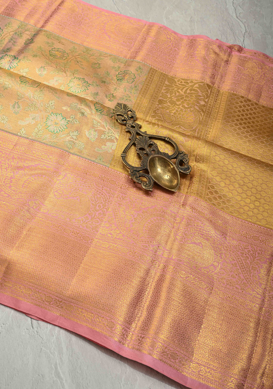 Peach-Pink Dual Tone Tissue Kanjivaram Pure Silk Saree with Meenakari Floral Jaal Brocade and Wide Zari Border | SILK MARK CERTIFIED