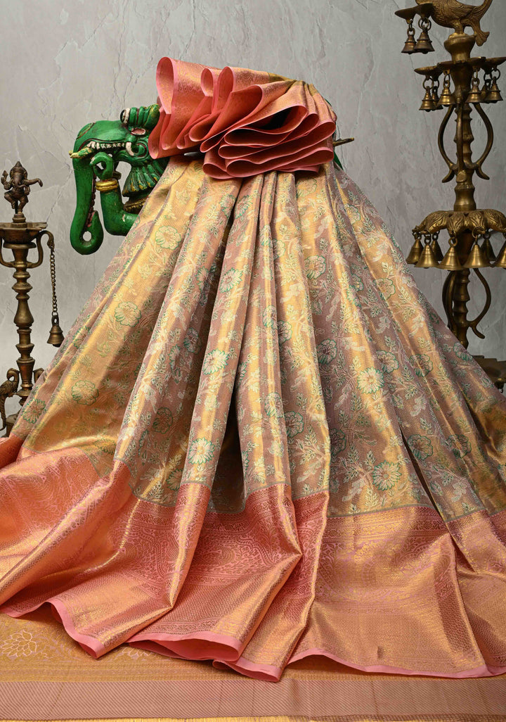 Peach-Pink Dual Tone Tissue Kanjivaram Pure Silk Saree with Meenakari Floral Jaal Brocade and Wide Zari Border | SILK MARK CERTIFIED