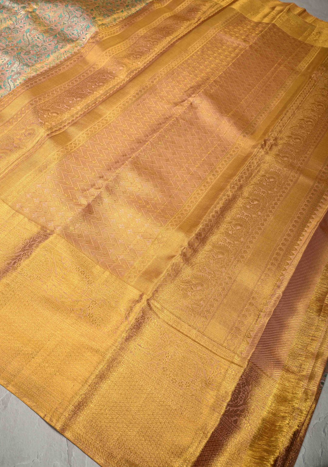 Peach Tissue Kanjivaram Pure Silk Saree with Meenakari Floral Jaal Brocade and Wide Zari Border | SILK MARK CERTIFIED