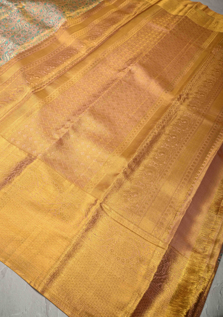 Peach Tissue Kanjivaram Pure Silk Saree with Meenakari Floral Jaal Brocade and Wide Zari Border | SILK MARK CERTIFIED