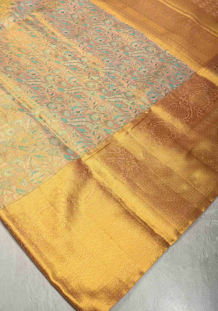 Peach Tissue Kanjivaram Pure Silk Saree with Meenakari Floral Jaal Brocade and Wide Zari Border | SILK MARK CERTIFIED