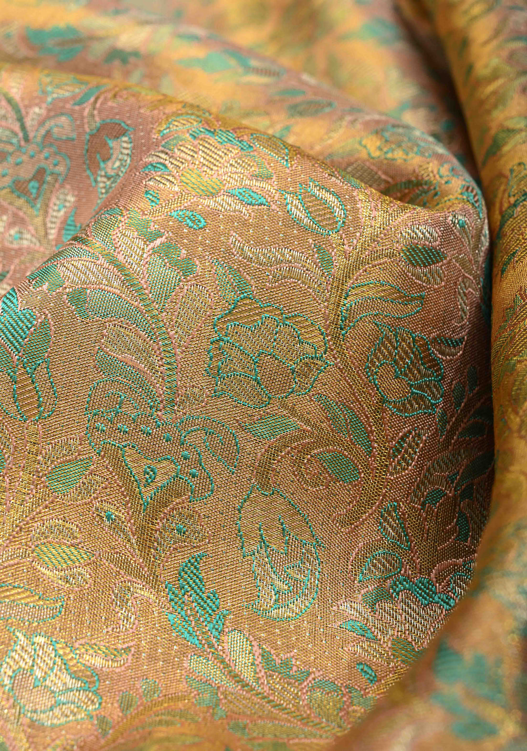 Peach Tissue Kanjivaram Pure Silk Saree with Meenakari Floral Jaal Brocade and Wide Zari Border | SILK MARK CERTIFIED