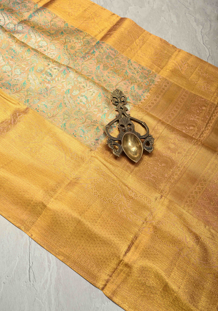 Peach Tissue Kanjivaram Pure Silk Saree with Meenakari Floral Jaal Brocade and Wide Zari Border | SILK MARK CERTIFIED