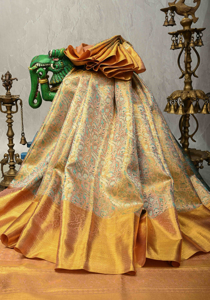 Peach Tissue Kanjivaram Pure Silk Saree with Meenakari Floral Jaal Brocade and Wide Zari Border | SILK MARK CERTIFIED