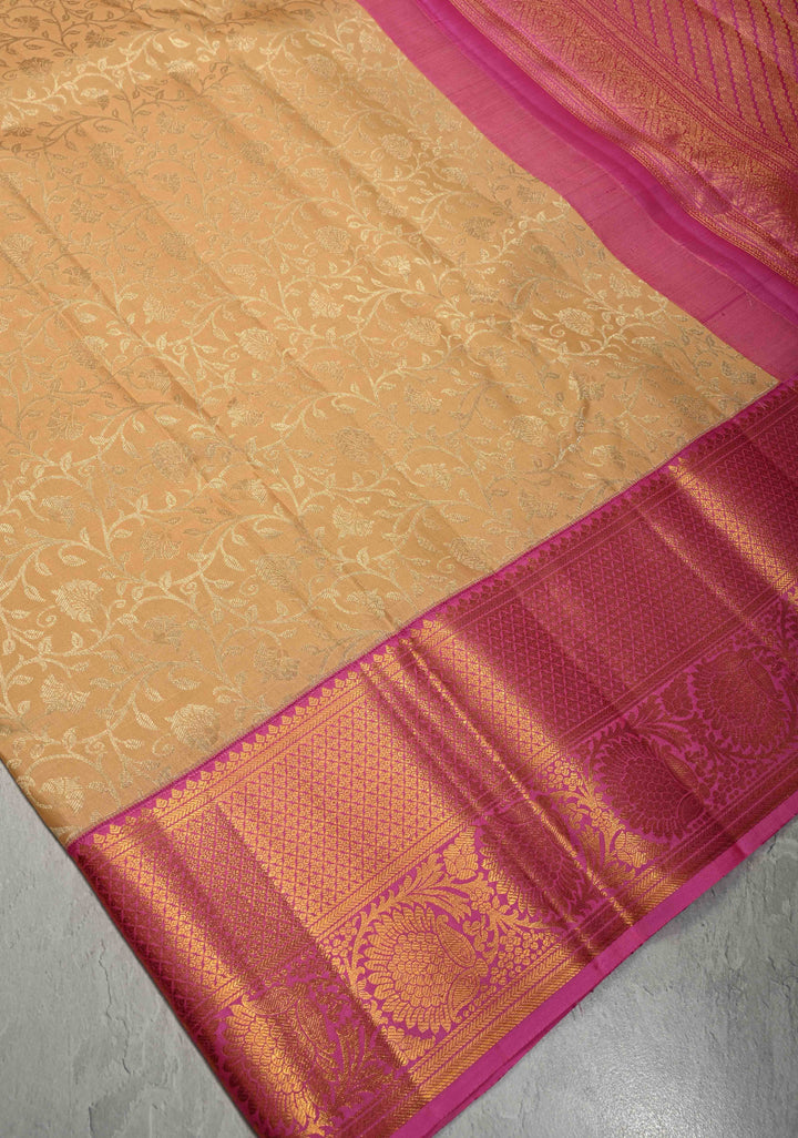 Cream Kanjivaram Pure Silk Saree with Silver Zari Floral Jaal Brocade and Contrast Zari Border | SILK MARK CERTIFIED