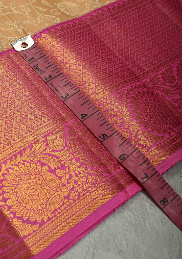 Cream Kanjivaram Pure Silk Saree with Silver Zari Floral Jaal Brocade and Contrast Zari Border | SILK MARK CERTIFIED