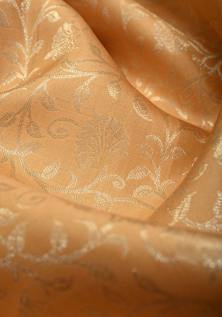 Cream Kanjivaram Pure Silk Saree with Silver Zari Floral Jaal Brocade and Contrast Zari Border | SILK MARK CERTIFIED