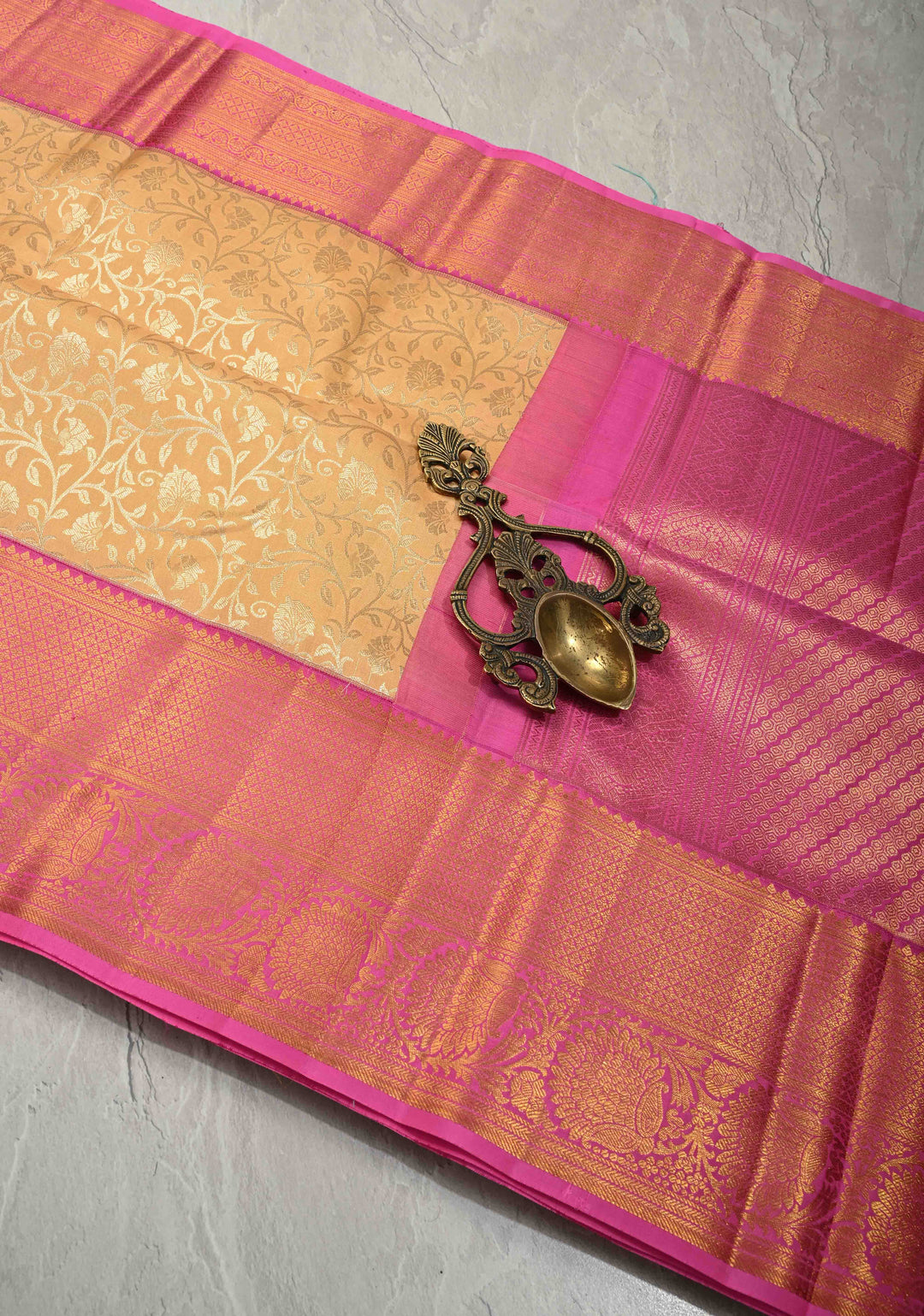 Cream Kanjivaram Pure Silk Saree with Silver Zari Floral Jaal Brocade and Contrast Zari Border | SILK MARK CERTIFIED