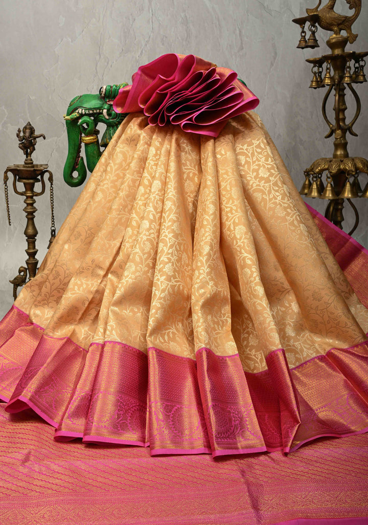 Cream Kanjivaram Pure Silk Saree with Silver Zari Floral Jaal Brocade and Contrast Zari Border | SILK MARK CERTIFIED