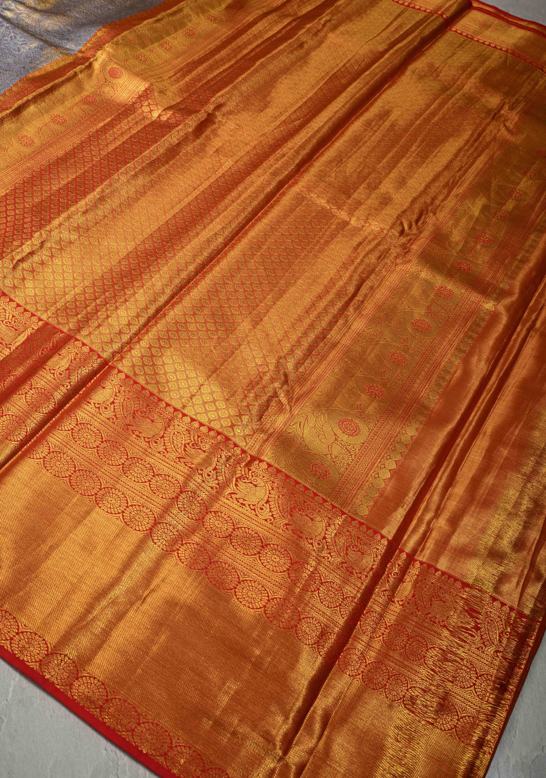 Light Lavender Tissue Kanjivaram Pure Silk Saree with Meenakari Geomatric Brocade and Contrast Wide Zari Border | SILK MARK CERTIFIED