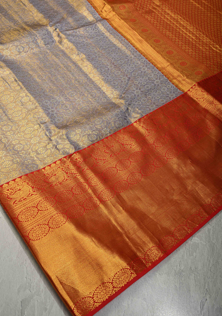 Light Lavender Tissue Kanjivaram Pure Silk Saree with Meenakari Geomatric Brocade and Contrast Wide Zari Border | SILK MARK CERTIFIED