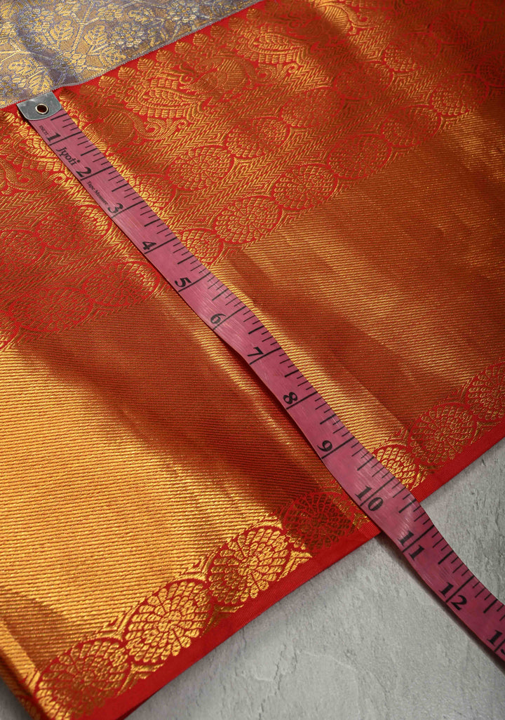 Light Lavender Tissue Kanjivaram Pure Silk Saree with Meenakari Geomatric Brocade and Contrast Wide Zari Border | SILK MARK CERTIFIED
