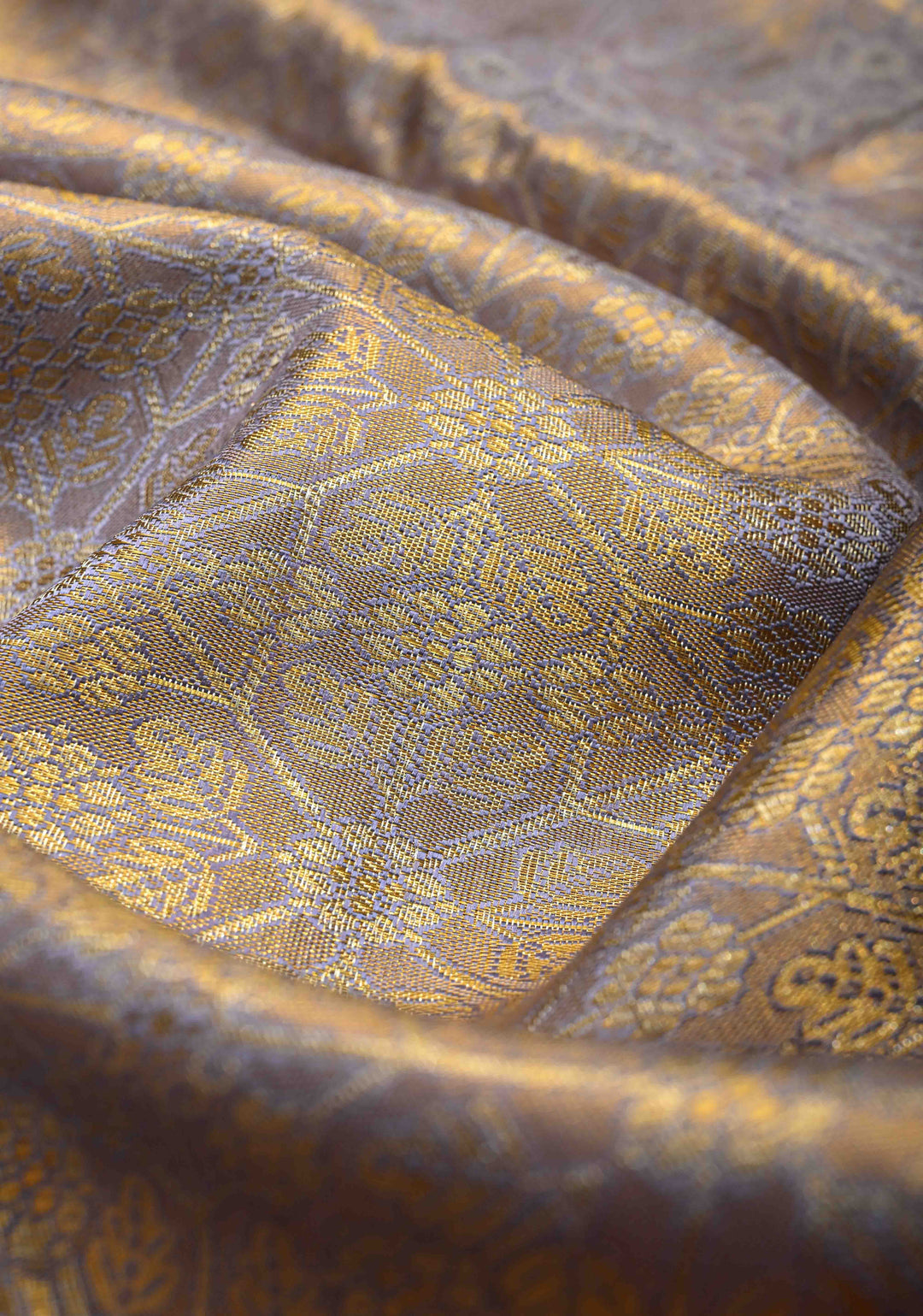 Light Lavender Tissue Kanjivaram Pure Silk Saree with Meenakari Geomatric Brocade and Contrast Wide Zari Border | SILK MARK CERTIFIED