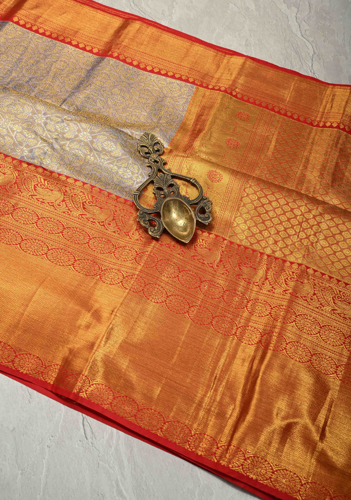 Light Lavender Tissue Kanjivaram Pure Silk Saree with Meenakari Geomatric Brocade and Contrast Wide Zari Border | SILK MARK CERTIFIED