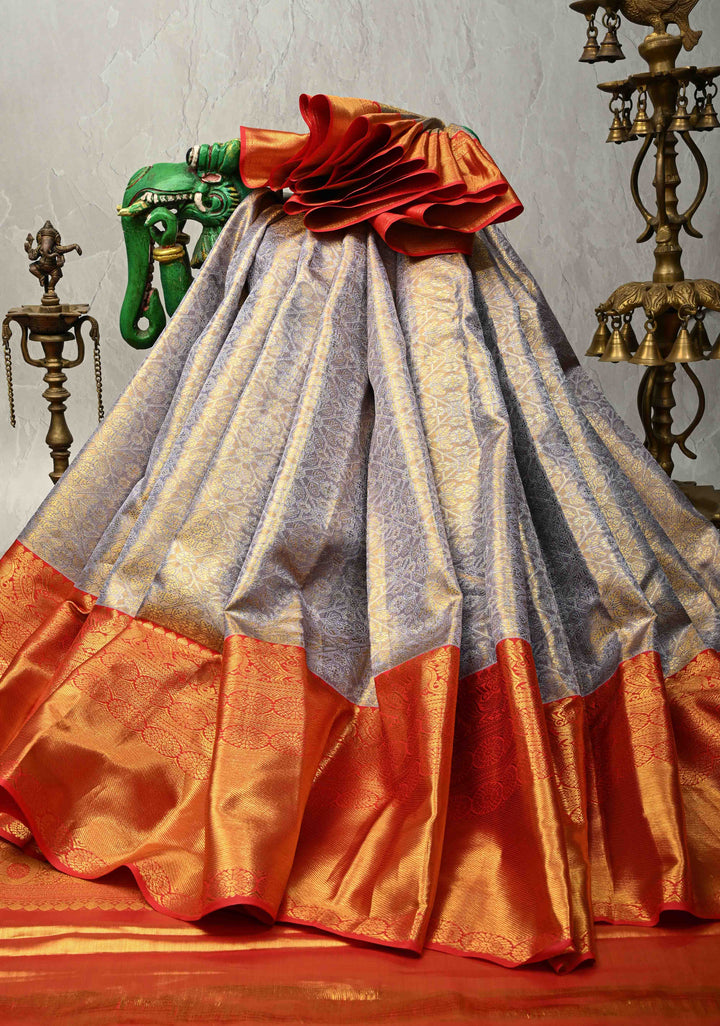 Light Lavender Tissue Kanjivaram Pure Silk Saree with Meenakari Geomatric Brocade and Contrast Wide Zari Border | SILK MARK CERTIFIED