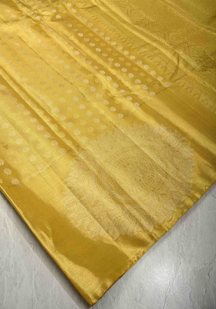 Gold Kanjivaram Tissue Silk Saree with Sona Rupa Buttas and Distinct Mandala Motifs on Border | SILK MARK CERTIFIED