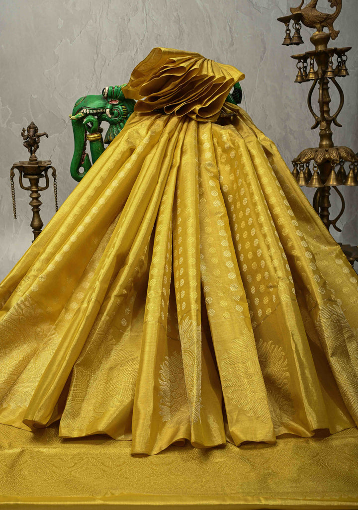 Gold Kanjivaram Tissue Silk Saree with Sona Rupa Buttas and Distinct Mandala Motifs on Border | SILK MARK CERTIFIED