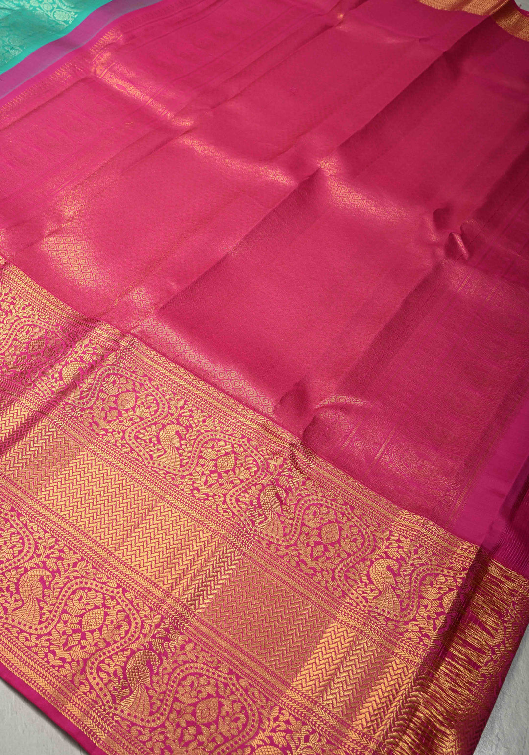 Aqua Green Kanjivaram Pure Silk Saree with Floral Brocade and Contrast wide Zari Border | SILK MARK CERTIFIED