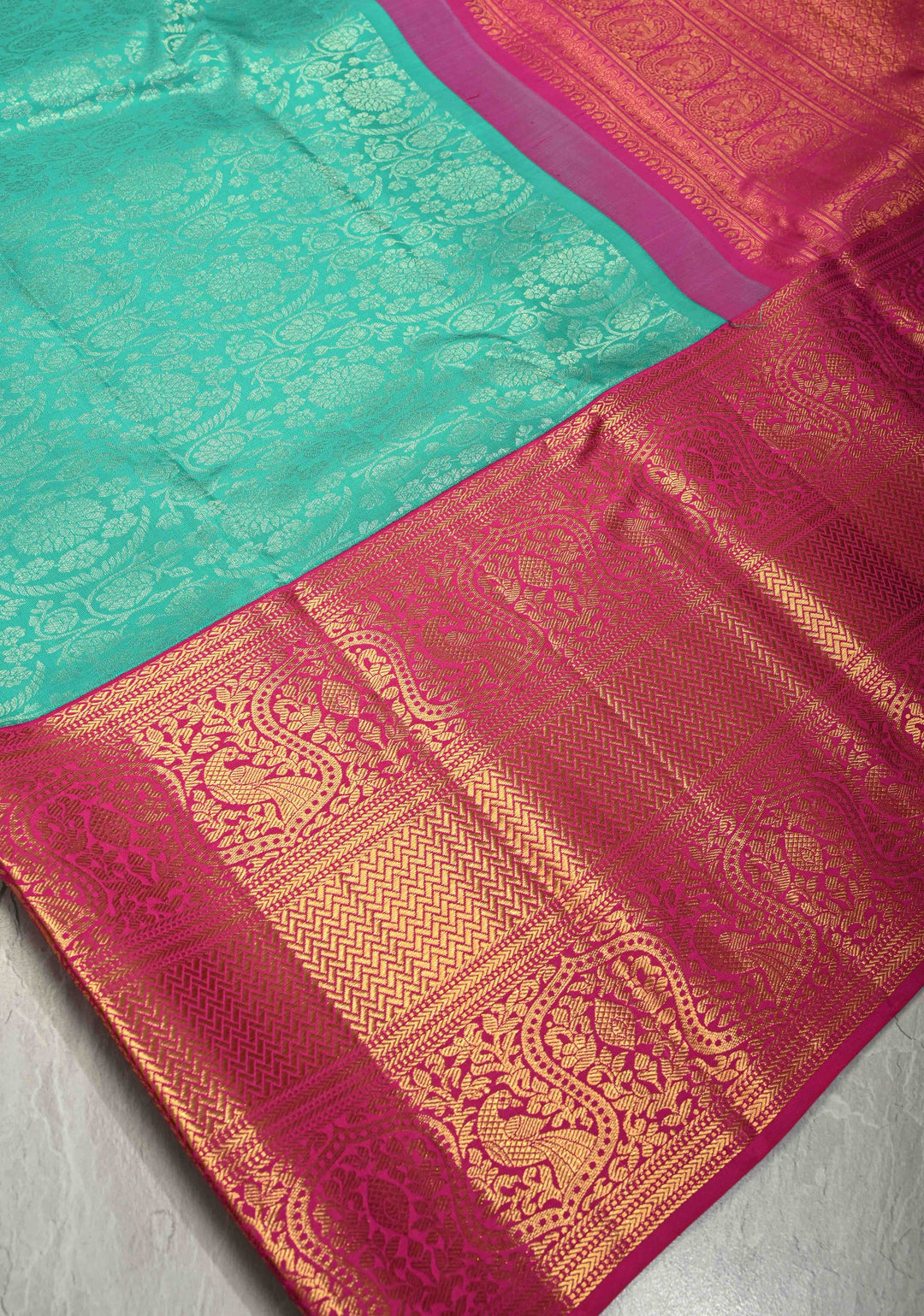 Aqua Green Kanjivaram Pure Silk Saree with Floral Brocade and Contrast wide Zari Border | SILK MARK CERTIFIED