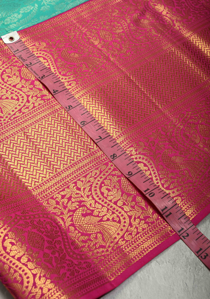 Aqua Green Kanjivaram Pure Silk Saree with Floral Brocade and Contrast wide Zari Border | SILK MARK CERTIFIED