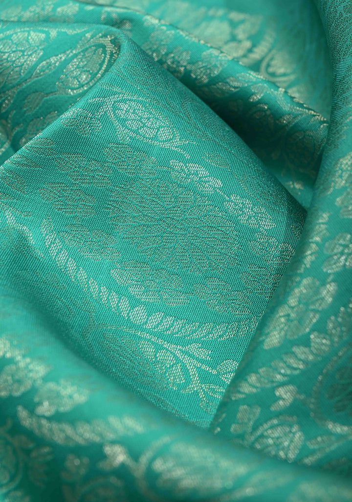 Aqua Green Kanjivaram Pure Silk Saree with Floral Brocade and Contrast wide Zari Border | SILK MARK CERTIFIED