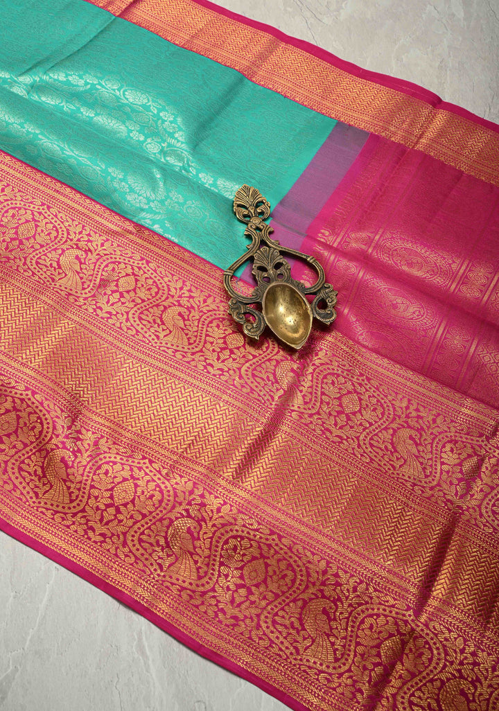 Aqua Green Kanjivaram Pure Silk Saree with Floral Brocade and Contrast wide Zari Border | SILK MARK CERTIFIED