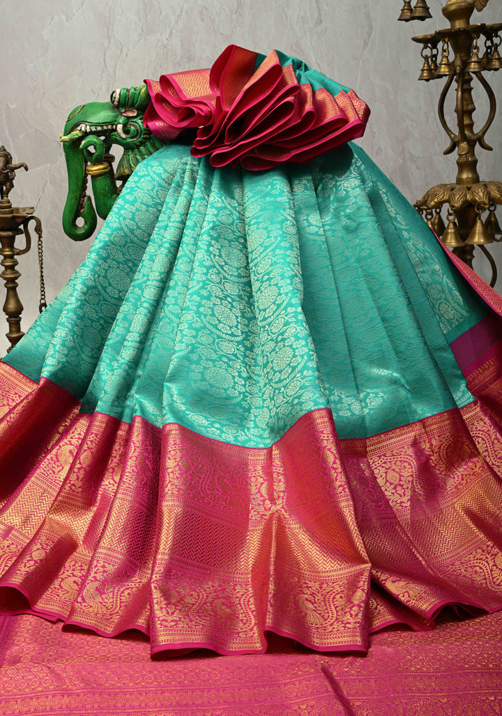 Aqua Green Kanjivaram Pure Silk Saree with Floral Brocade and Contrast wide Zari Border | SILK MARK CERTIFIED
