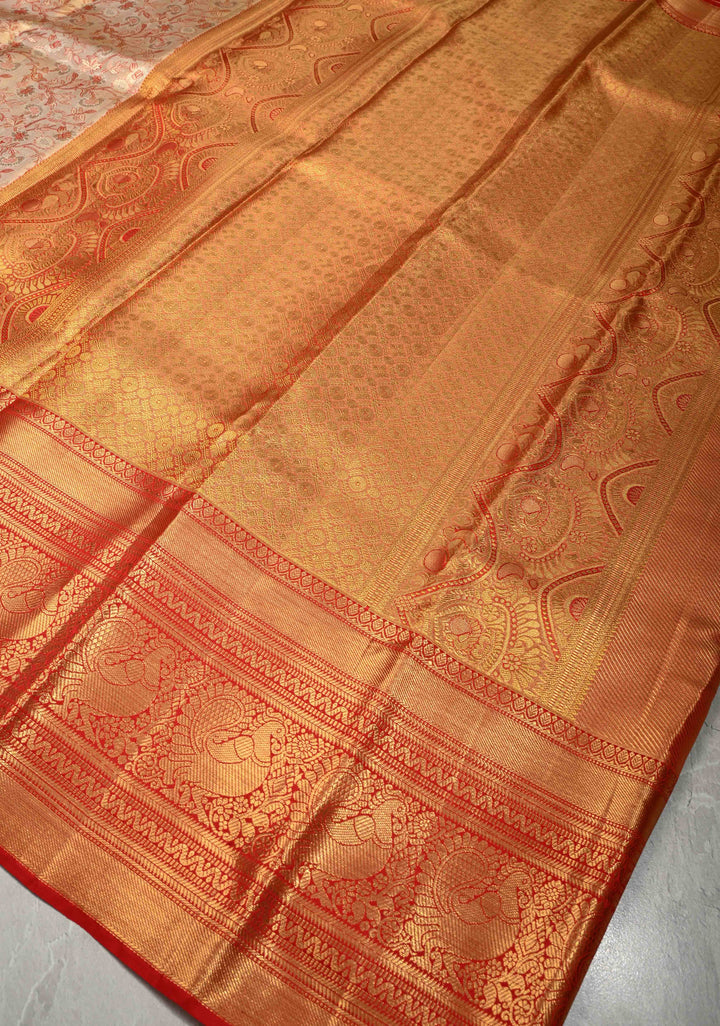 Beige Tissue Kanjivaram Pure Silk Saree with Meenakari Floral Brocade and Contrast Wide Zari Border | SILK MARK CERTIFIED