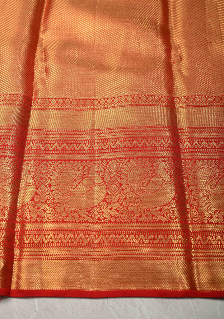 Beige Tissue Kanjivaram Pure Silk Saree with Meenakari Floral Brocade and Contrast Wide Zari Border | SILK MARK CERTIFIED