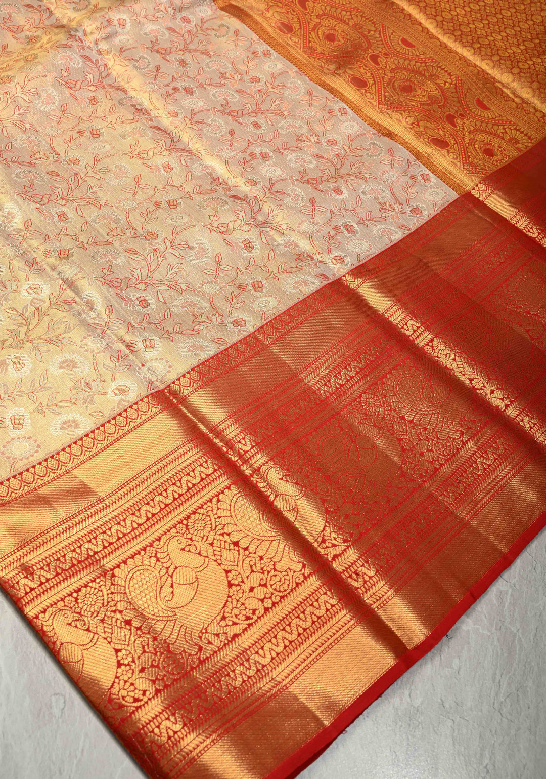 Beige Tissue Kanjivaram Pure Silk Saree with Meenakari Floral Brocade and Contrast Wide Zari Border | SILK MARK CERTIFIED