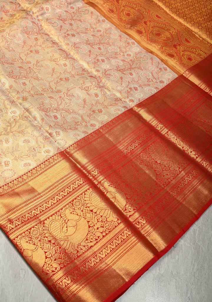 Beige Tissue Kanjivaram Pure Silk Saree with Meenakari Floral Brocade and Contrast Wide Zari Border | SILK MARK CERTIFIED