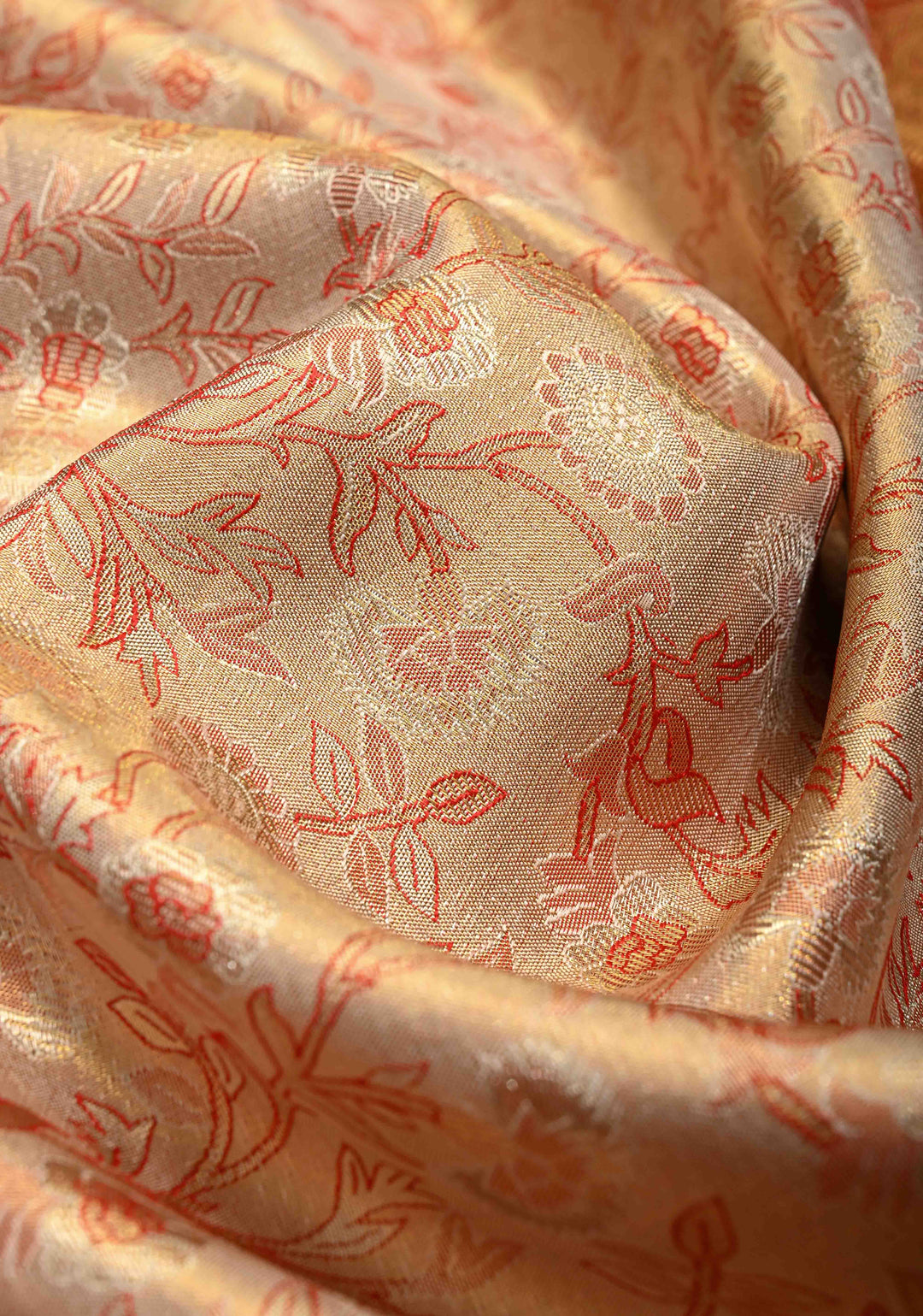 Beige Tissue Kanjivaram Pure Silk Saree with Meenakari Floral Brocade and Contrast Wide Zari Border | SILK MARK CERTIFIED