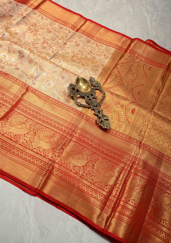 Beige Tissue Kanjivaram Pure Silk Saree with Meenakari Floral Brocade and Contrast Wide Zari Border | SILK MARK CERTIFIED