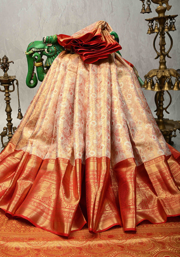 Beige Tissue Kanjivaram Pure Silk Saree with Meenakari Floral Brocade and Contrast Wide Zari Border | SILK MARK CERTIFIED